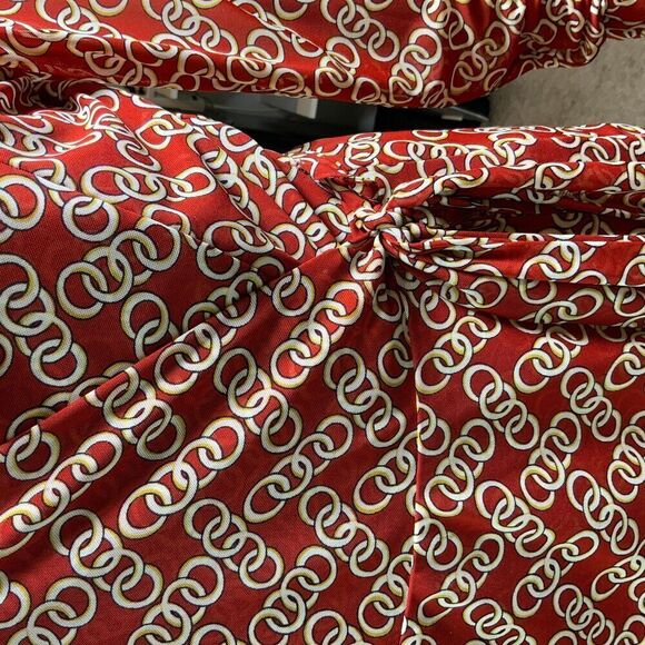 CAbi Red Geometric Long Sleeve Wrap Top Sz M Coach Cowgirl Chain Design Academia - Picture 3 of 15